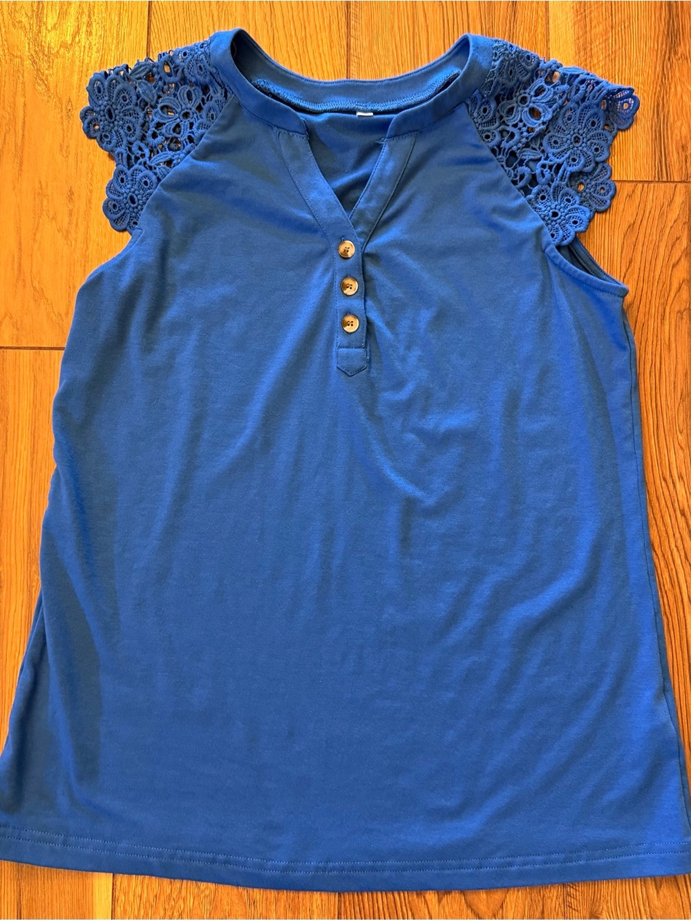 Blue Lace-Sleeve Sleeveless Henley Top - Women's